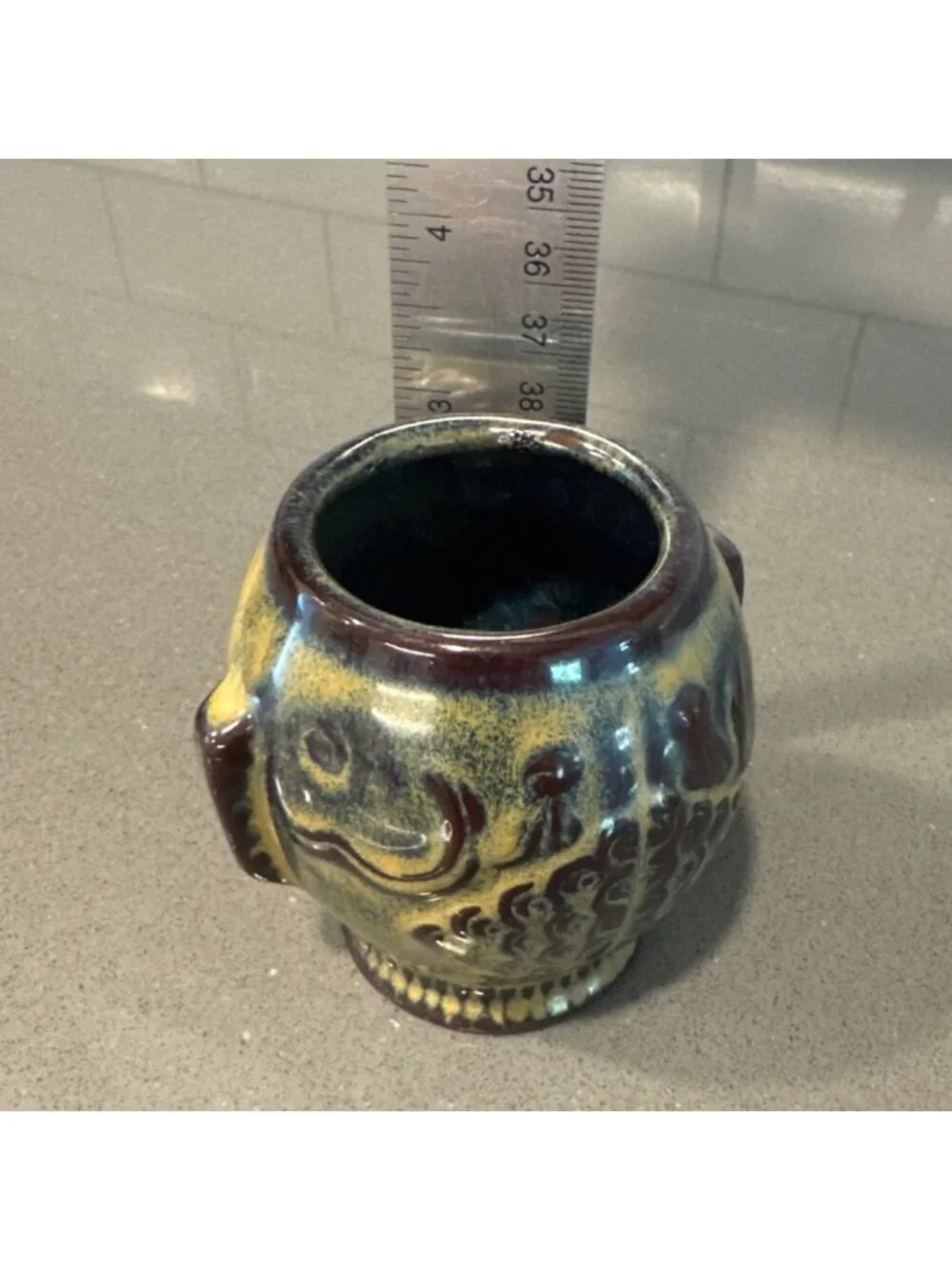 Vintage Canadian Art Pottery Glazed Ceramic Vase Embossed Elephant Signed